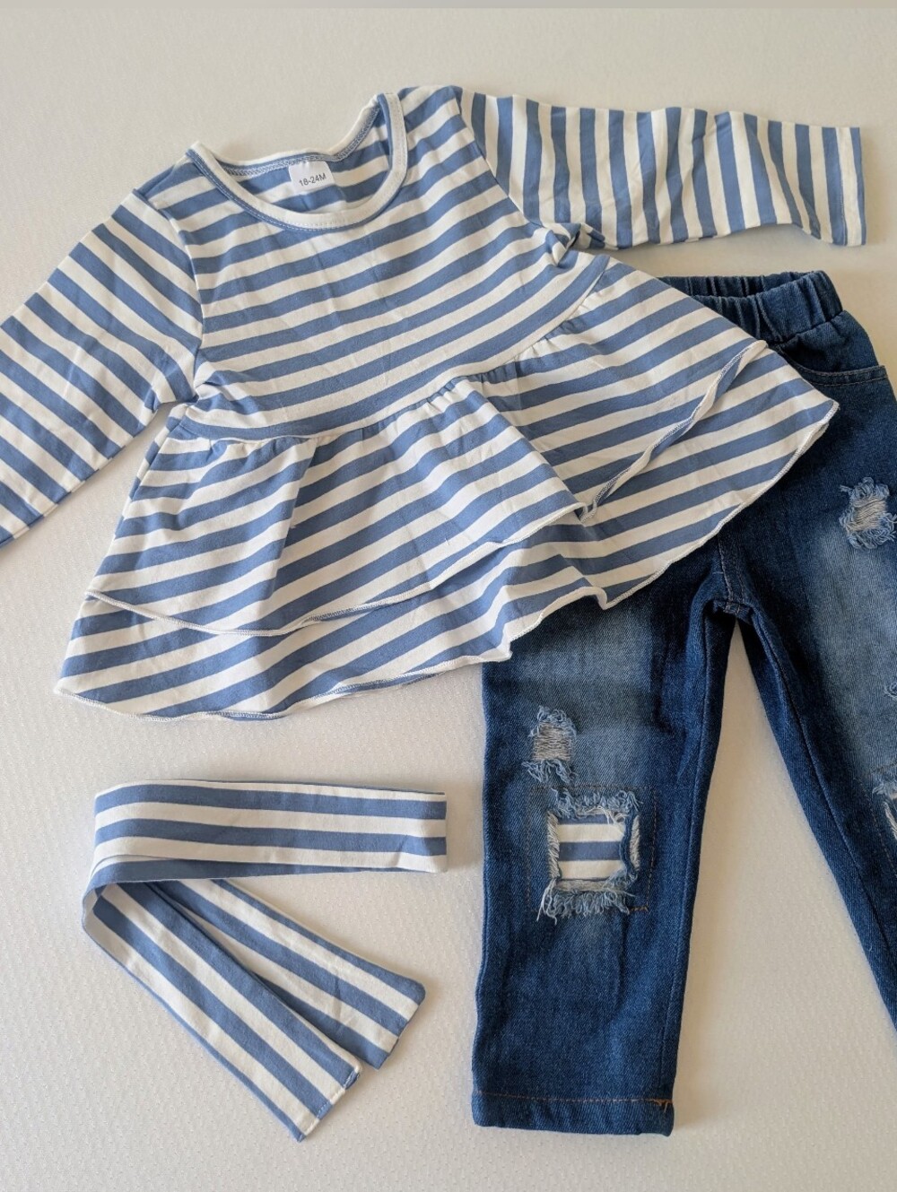 NWOT Girls Clothing, Long Sleeve Ruffle T-Shirt Striped Denim Pants Set 18-24M
